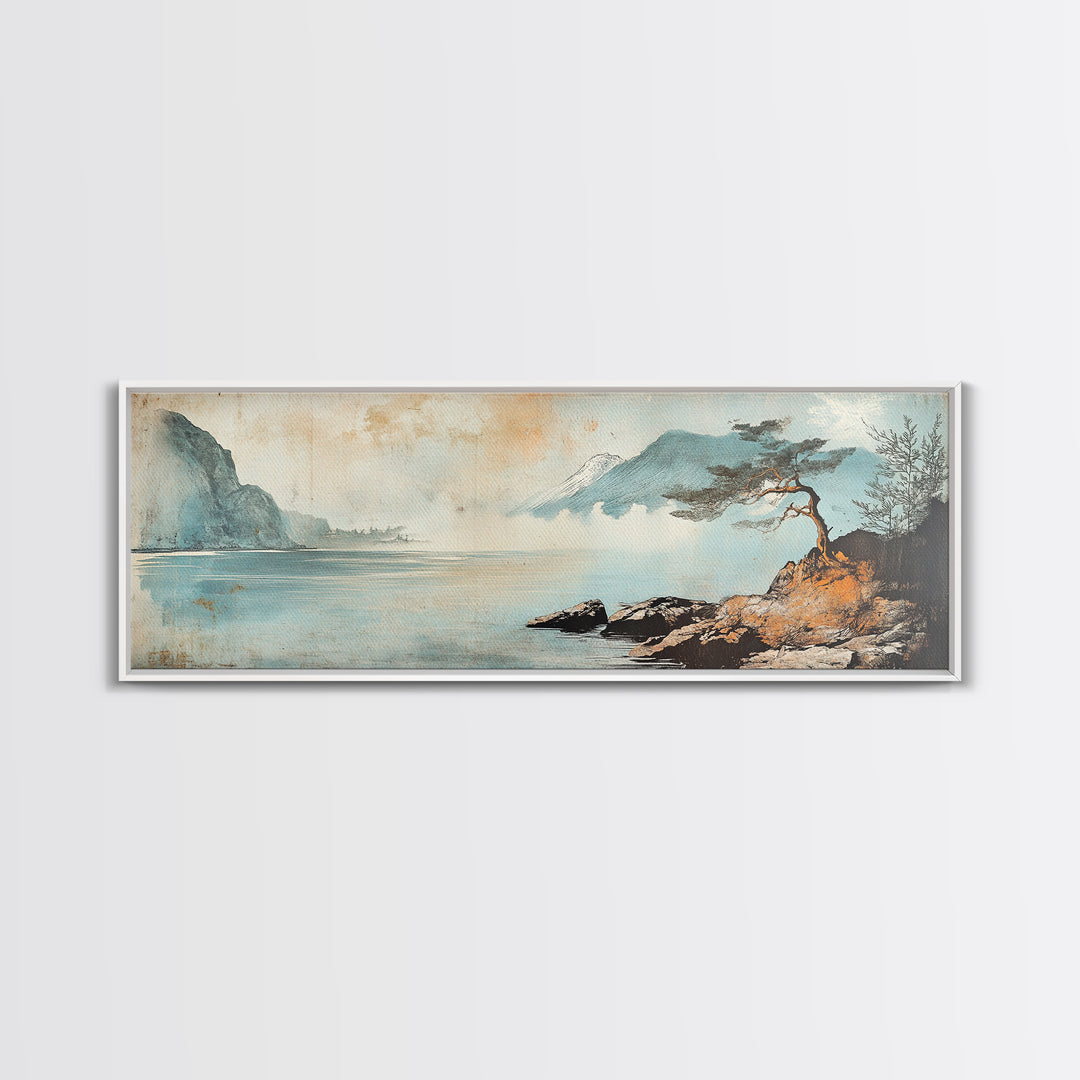 Lone Pine On Quiet Blue Shore Wall Art, Minimalist Japanese Landscape Print, Coastal Zen Decor, Calming Home Decor, Living Room Art