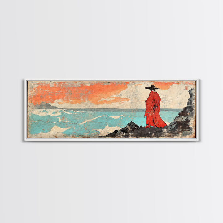 Red Robed Figure By Turquoise Sea Wall Art, Japanese Seascape Print, Coastal Asian Decor, Dramatic Wall Decor, Unique Home Decor