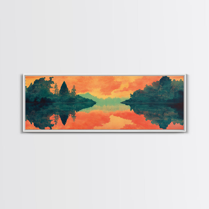 Orange Lake Reflection At Sunset Canvas Print, Forest Landscape Wall Art, Modern Nature Decor, Large Living Room Art, Home Decor