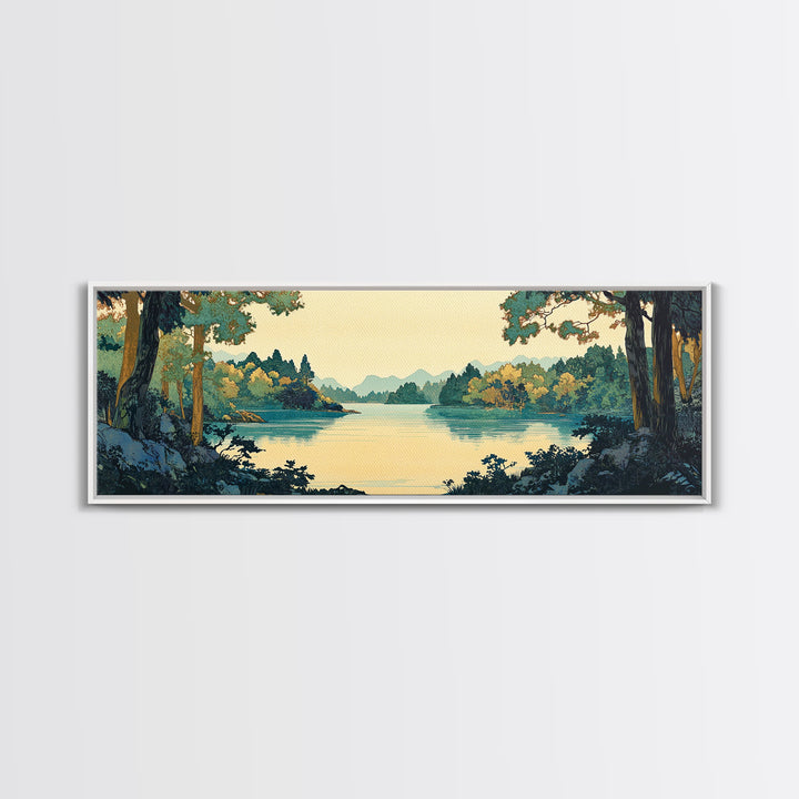 Framed Lake Through Forest Trees Wall Art, Japanese Landscape Print, Scenic Nature Decor, Blue Green Living Room Decor, Home Decor
