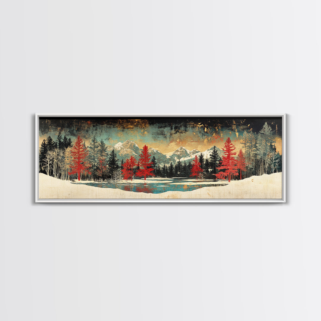 Snowy Mountain Forest With Red Pines Framed Canvas Print, Winter Landscape Wall Art, Rustic Cabin Decor For Living Room Decor
