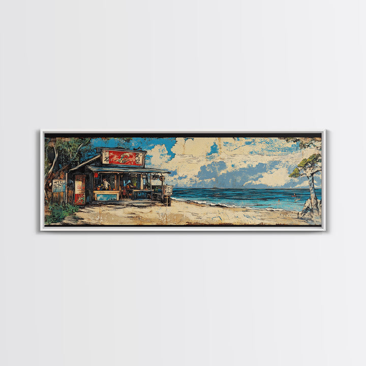 Beachfront Asian Food Shack Wall Art, Tropical Ocean Canvas Print, Coastal Kitchen Decor For Beach House Living Room Decor