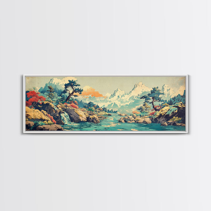 Turquoise River Waterfall And Snowy Pines Framed Canvas Print, Japanese Landscape Art, Mountain Wall Decor, Living Room Decor