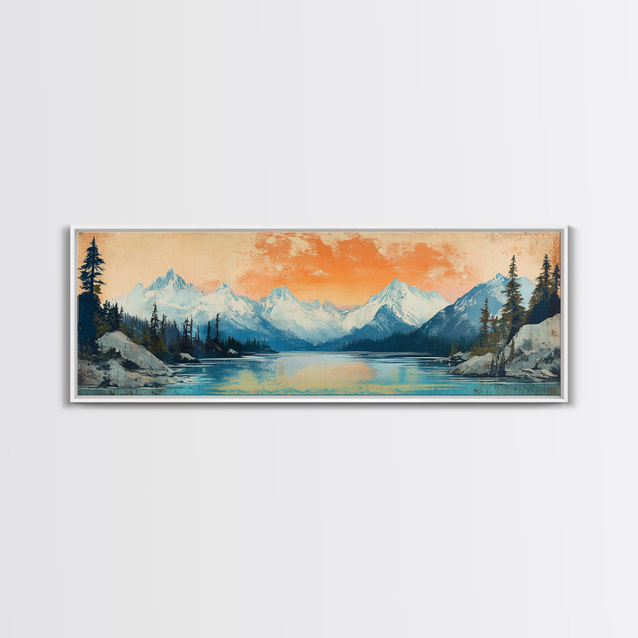 Orange Sunset Alpine Lake Wall Art, Snowy Mountain Landscape Print, Rustic Cabin Decor, Large Horizontal Canvas Home Decor