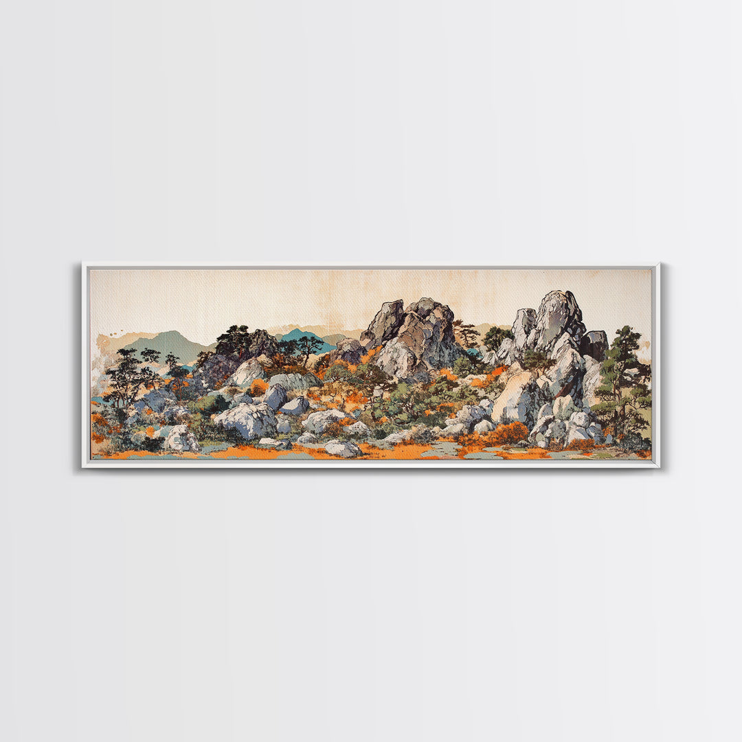Rock Garden With Pines And Orange Moss Framed Canvas Print, Japanese Landscape Wall Art, Zen Nature Decor, Wide Wall Decor