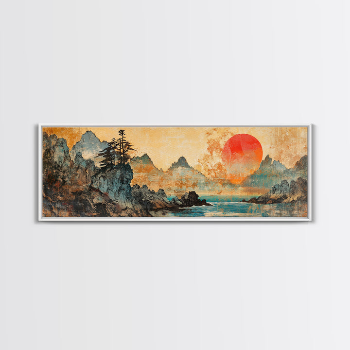 Red Sun Mountain Lake Canvas Print, Japanese Landscape Wall Art, Panoramic Coastal Decor, Large Living Room Art, Above Sofa Art
