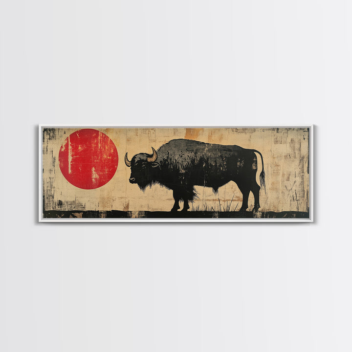Black Bison Red Sun Framed Canvas Print, Western Wall Art, Rustic Home Decor, Large Horizontal Living Room Art, Gift For Him