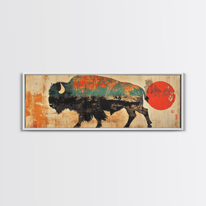 Turquoise Bison Red Sun Canvas Print, Southwestern Wall Art, Western Home Decor, Rustic Statement Living Room Art, Large Wall Decor
