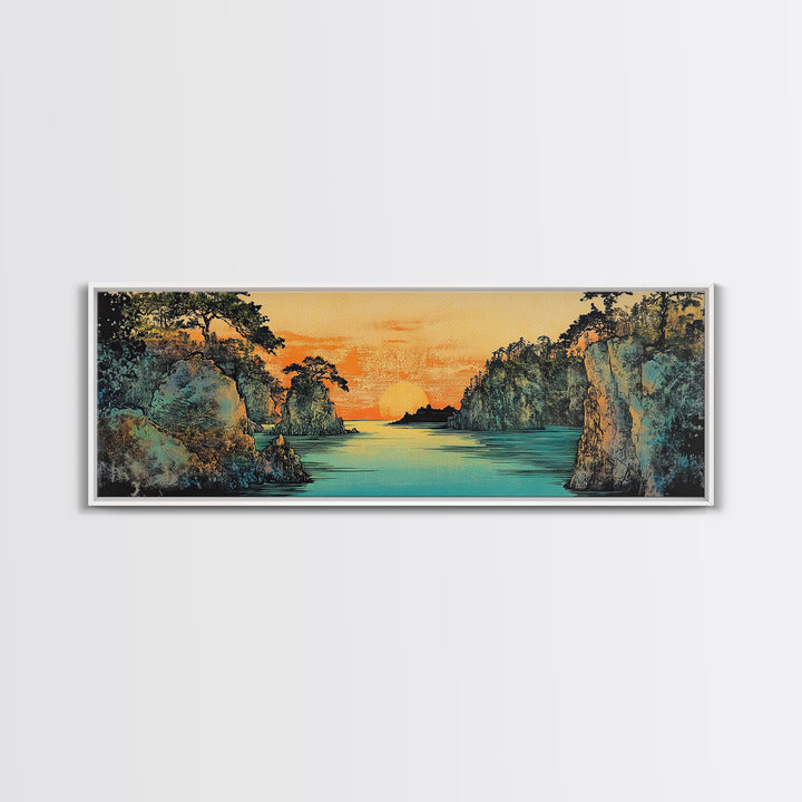 Teal River Canyon Sunset Framed Canvas Print, Coastal Landscape Wall Art, Japandi Decor, Panoramic Above Sofa Art For Living Room Decor