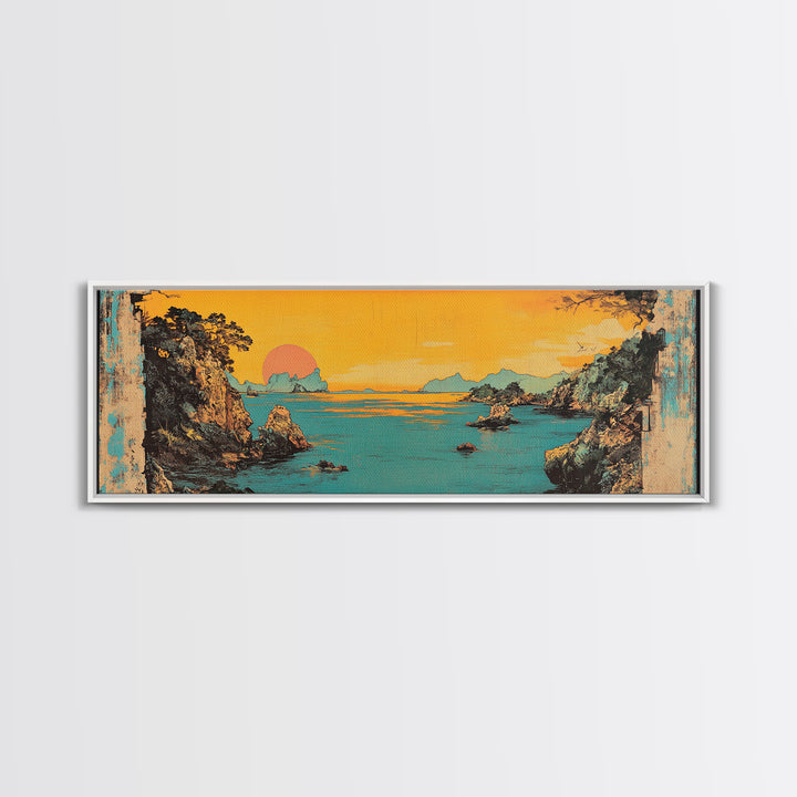 Turquoise Sea Cliff Sunset Canvas Print, Coastal Wall Art, Japanese Landscape Decor, Panoramic Beach House Wall Decor, Large Art
