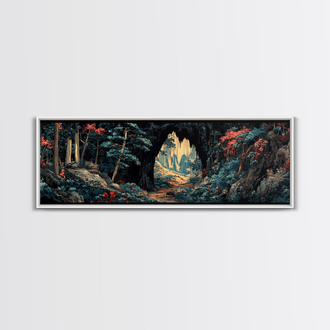 Dark Forest Cave Path Canvas Print, Moody Landscape Wall Art, Fantasy Woodland Decor, Panoramic Statement Living Room Art