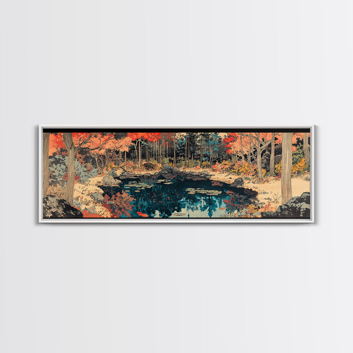 Autumn Forest Pond Reflection Wall Art, Japanese Landscape Canvas, Rustic Nature Decor, Panoramic Living Room Print For Home Decor