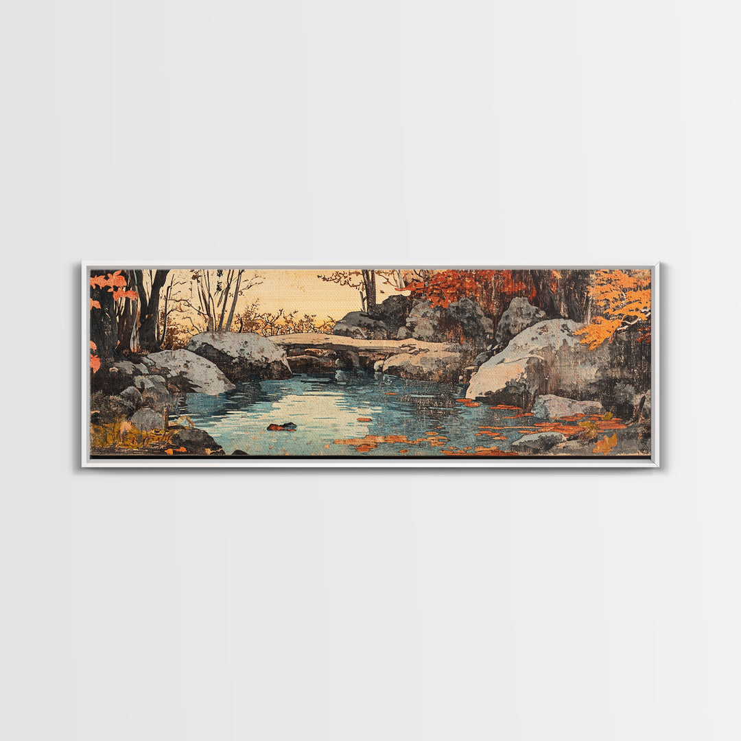 Autumn Rocky Creek Canvas Print, Japanese Landscape Painting, Rustic Nature Wall Decor, Panoramic Living Room Art, Home Decor