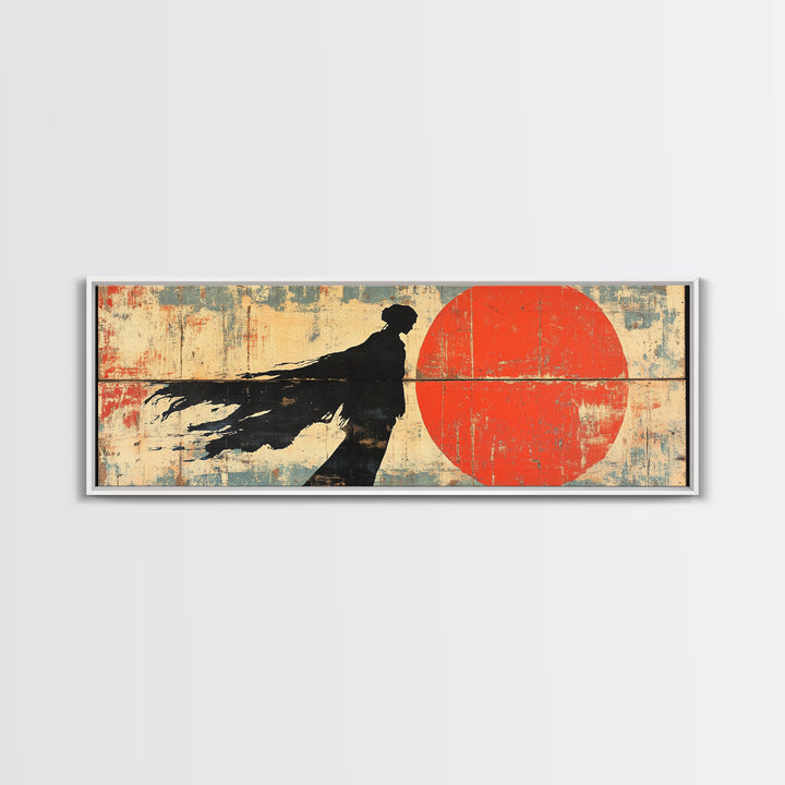 Shadow Samurai Red Sun Wall Art, Japanese Warrior Canvas, Dark Fantasy Decor, Bold Panoramic Office And Living Room Print