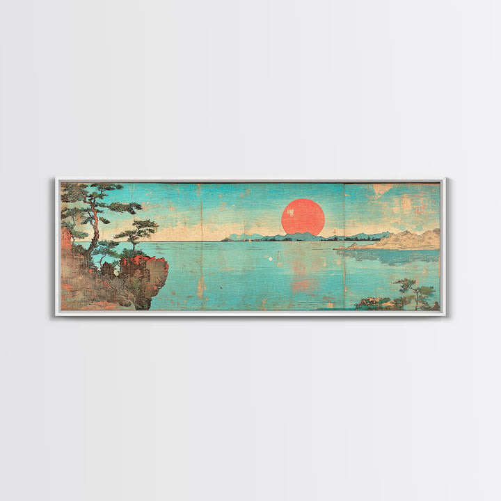 Turquoise Japanese Sea Sunset Framed Canvas Print, Coastal Landscape Wall Decor, Minimalist Panoramic Living Room Art Print