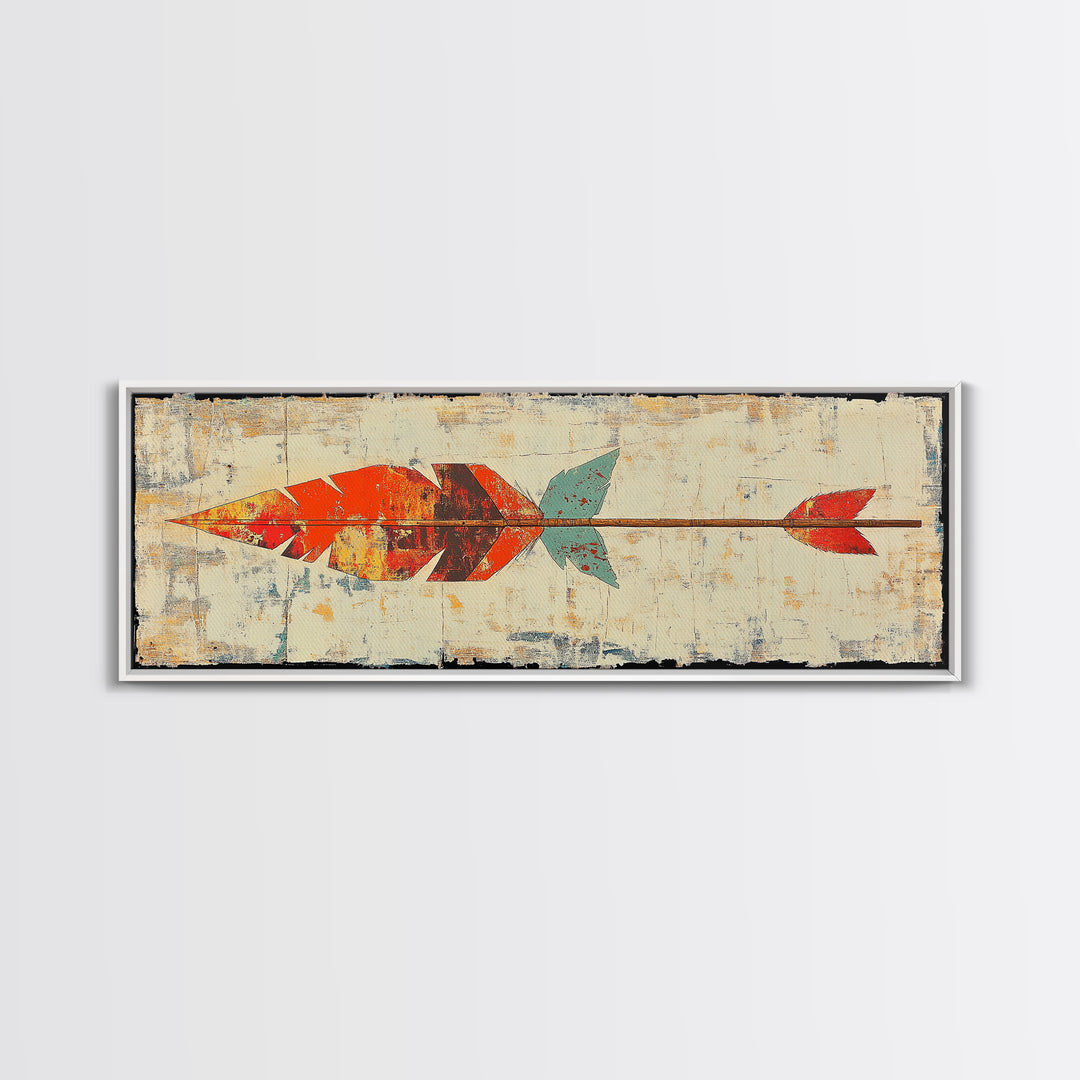 Rustic Painted Arrow With Red Feathers Wall Art, Southwestern Canvas Print, Boho Western Decor, Long Horizontal Art Print