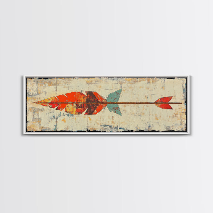 Rustic Painted Arrow With Red Feathers Wall Art, Southwestern Canvas Print, Boho Western Decor, Long Horizontal Art Print