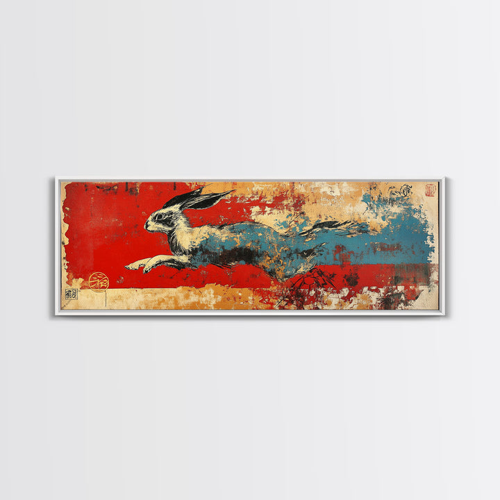 Running Hare Over Red And Blue Brushstrokes Wall Art, Japanese Rabbit Canvas Print, Whimsical Animal Decor, Bold Wall Decor
