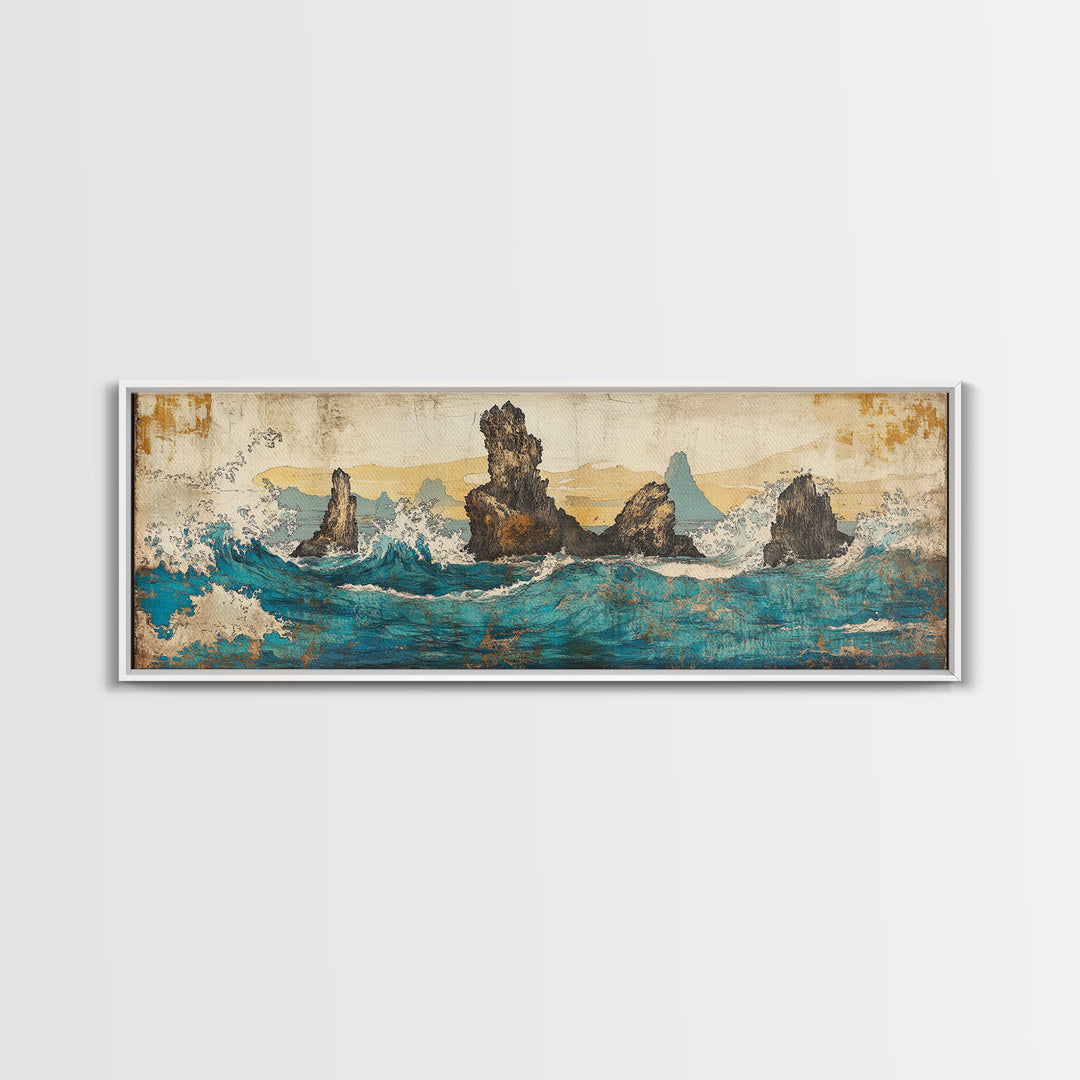 Jagged Sea Stacks In Turquoise Waves Wall Art, Large Panoramic Coastal Seascape Canvas Print, Nautical Decor, Moody Landscape Art