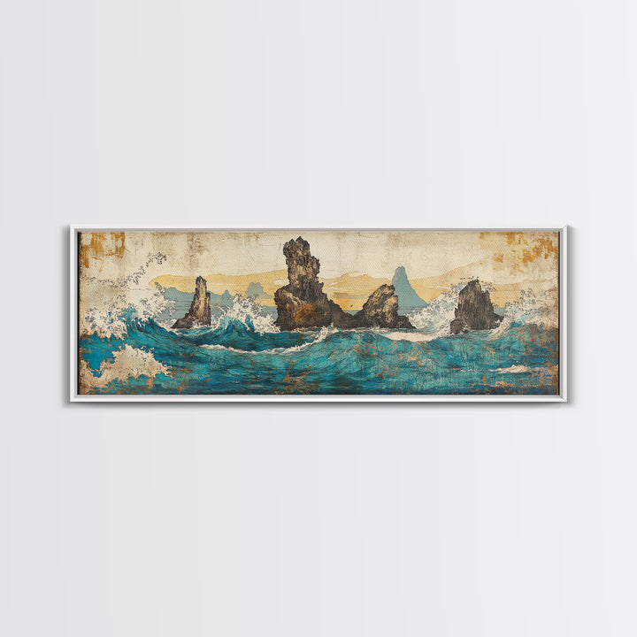 Jagged Sea Stacks In Turquoise Waves Wall Art, Large Panoramic Coastal Seascape Canvas Print, Nautical Decor, Moody Landscape Art