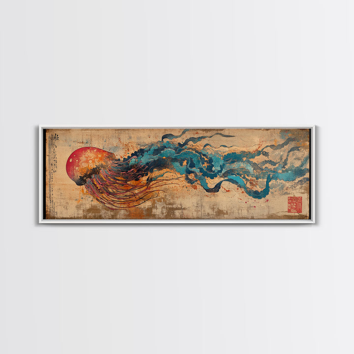 Abstract Jellyfish With Red Sun And Blue Waves Wall Art, Japanese Ocean Canvas Print, Marine Life Decor, Statement Artwork