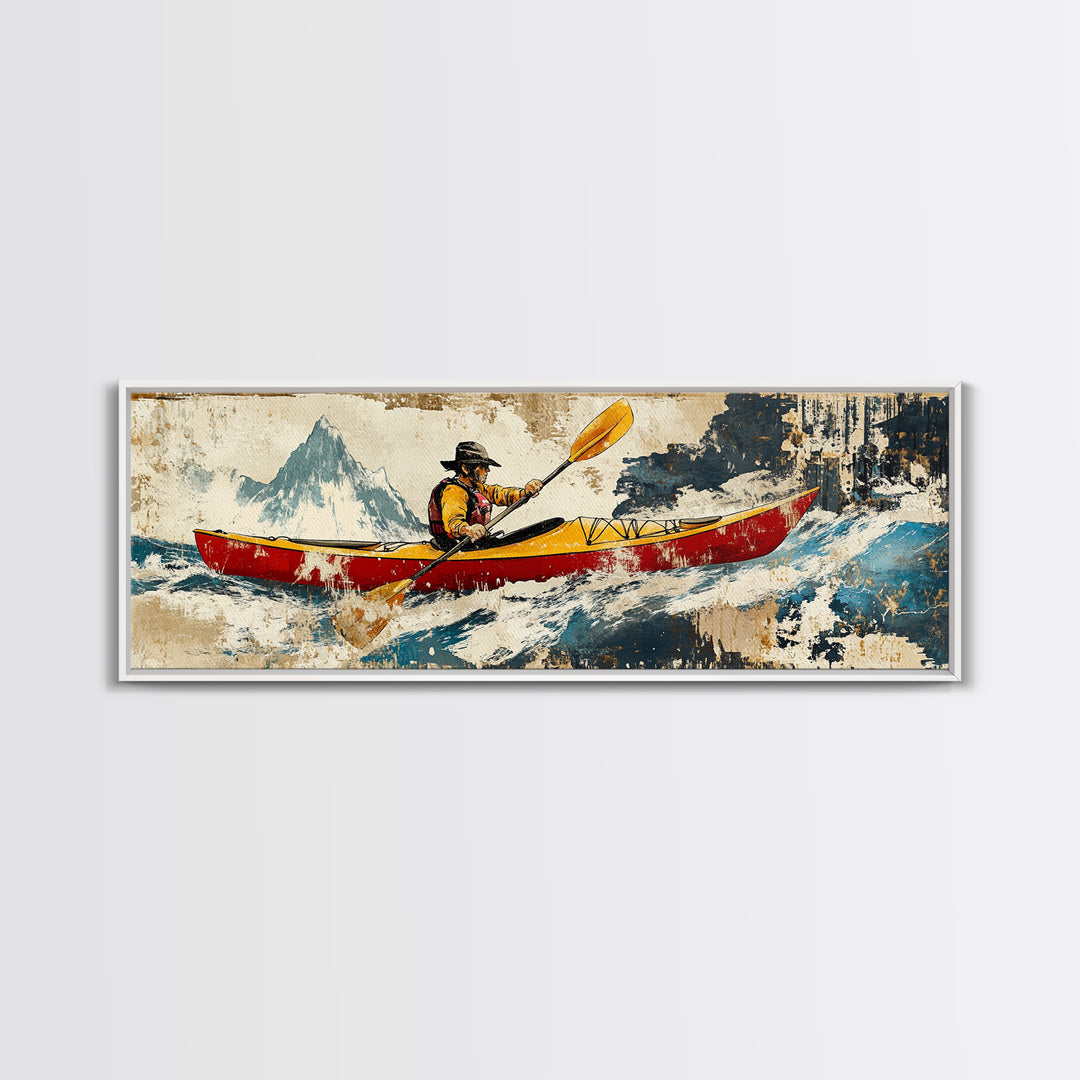 Red Canoe Kayaker In Whitewater Mountains Wall Art, Adventure Landscape Canvas Print, Lake House Decor, Cabin Wall Decor