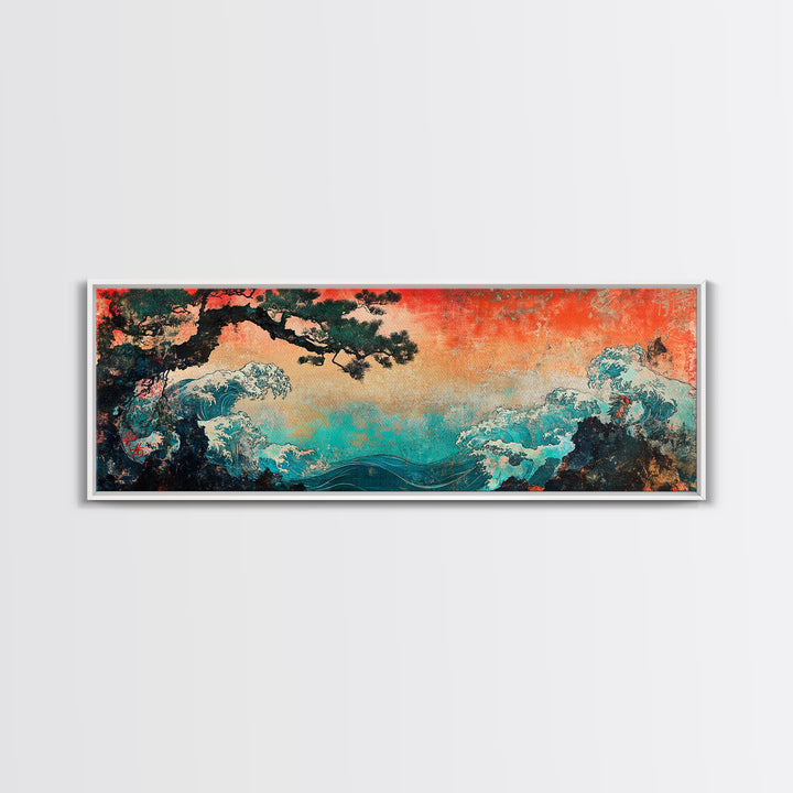 Stormy Teal Ocean Waves And Pine Branch Wall Art, Japanese Seascape Canvas Print, Coastal Decor, Long Horizontal Art, Living Room Decor