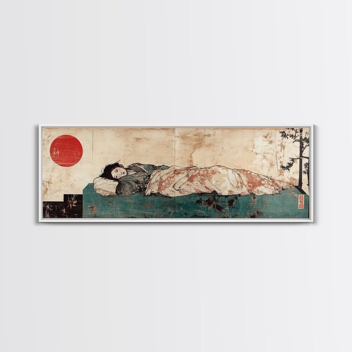 Sleeping Woman Under Floral Quilt Canvas Print, Japanese Bedroom Wall Art, Red Sun Decor, Serene Minimalist Art, Japandi Home Decor