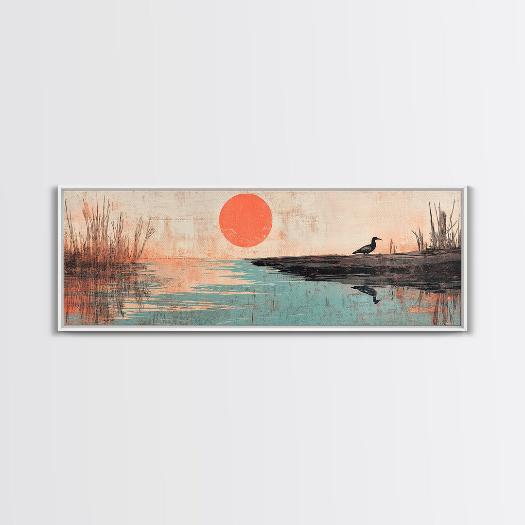 Red Sun Over Still Lake And Lone Bird Wall Art, Japanese Landscape Canvas Print, Peaceful Nature Decor, Wide Wall Art, Zen Decor
