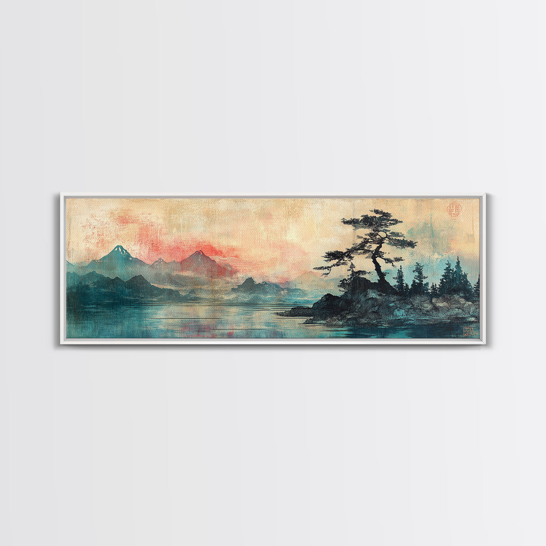 Red Mist Mountains With Lone Pine Wall Art, Japanese Landscape Canvas Print, Moody Nature Decor, Panoramic Living Room Art