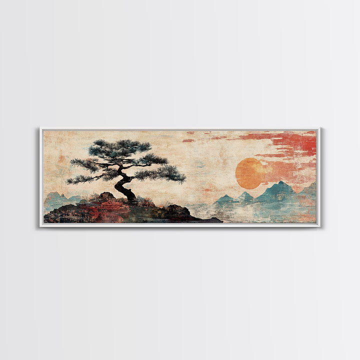 Solitary Pine And Orange Sun Wall Art, Japanese Mountain Landscape Canvas Print, Zen Decor, Minimalist Nature Wall Art, Japandi Decor