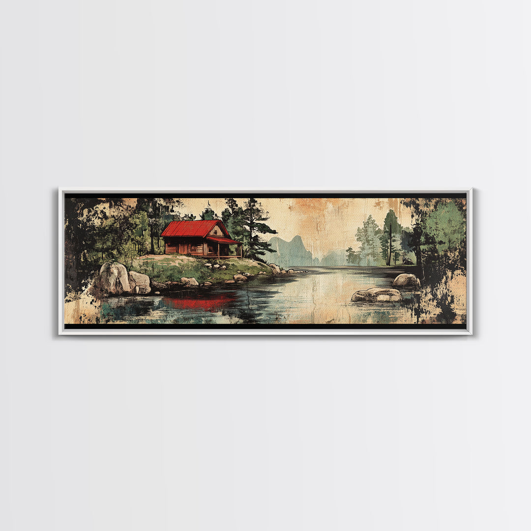 Rustic Red Roof Cabin Beside Forest Lake Framed Canvas Print, Mountain Landscape Wall Art, Cabin Decor, Housewarming Gift