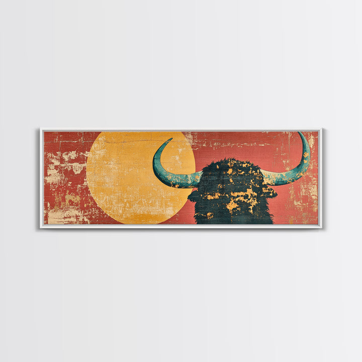 Bold Highland Cow Silhouette With Turquoise Horns Canvas Print, Western Wall Art, Rustic Home Decor, Southwestern Gift For Him