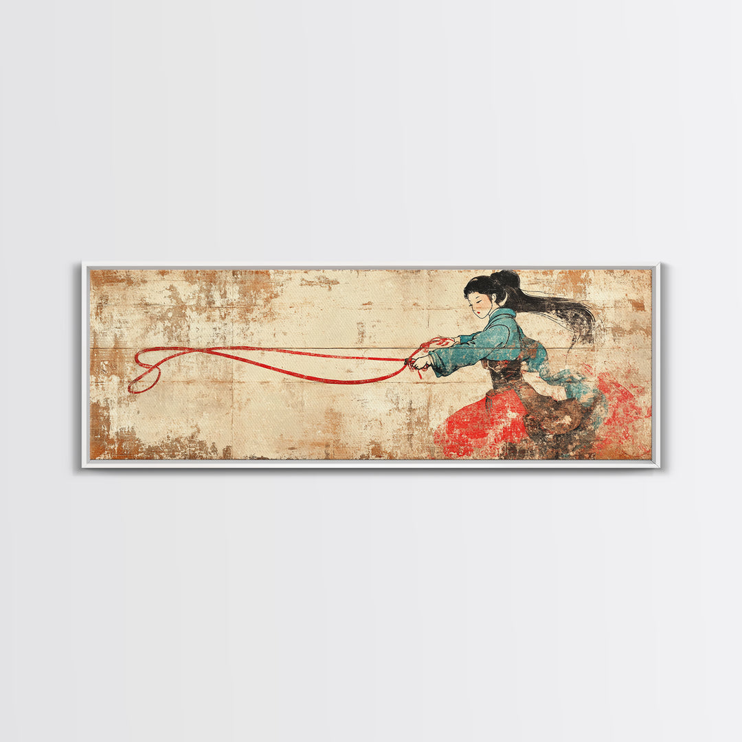 Asian Warrior Woman With Flowing Red Ribbon Canvas Print, Martial Arts Wall Art, Strong Female Art, Japanese Decor Gift For Her