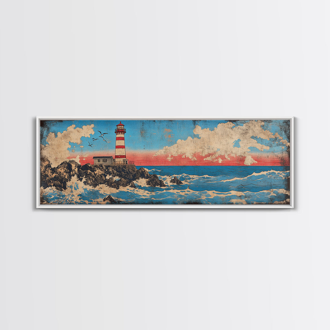 Striped Lighthouse On Rocky Shore With Ocean Waves Wall Art, Nautical Canvas Print, Coastal Decor, Beach House Gift, Seascape Art