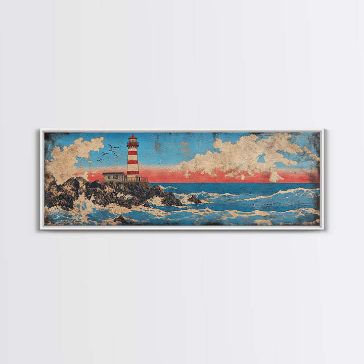 Striped Lighthouse On Rocky Shore With Ocean Waves Wall Art, Nautical Canvas Print, Coastal Decor, Beach House Gift, Seascape Art