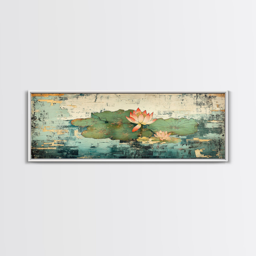 Lotus Pond Water Lily Wall Art, Asian Botanical Canvas Print, Japandi Zen Home Decor, Tranquil Nature Gift For Her, Living Room Decor