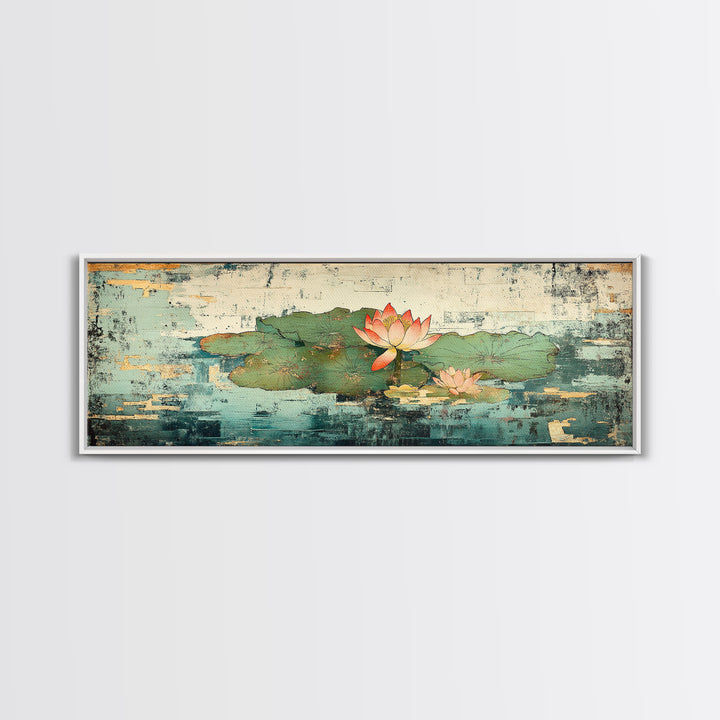 Lotus Pond Water Lily Wall Art, Asian Botanical Canvas Print, Japandi Zen Home Decor, Tranquil Nature Gift For Her, Living Room Decor