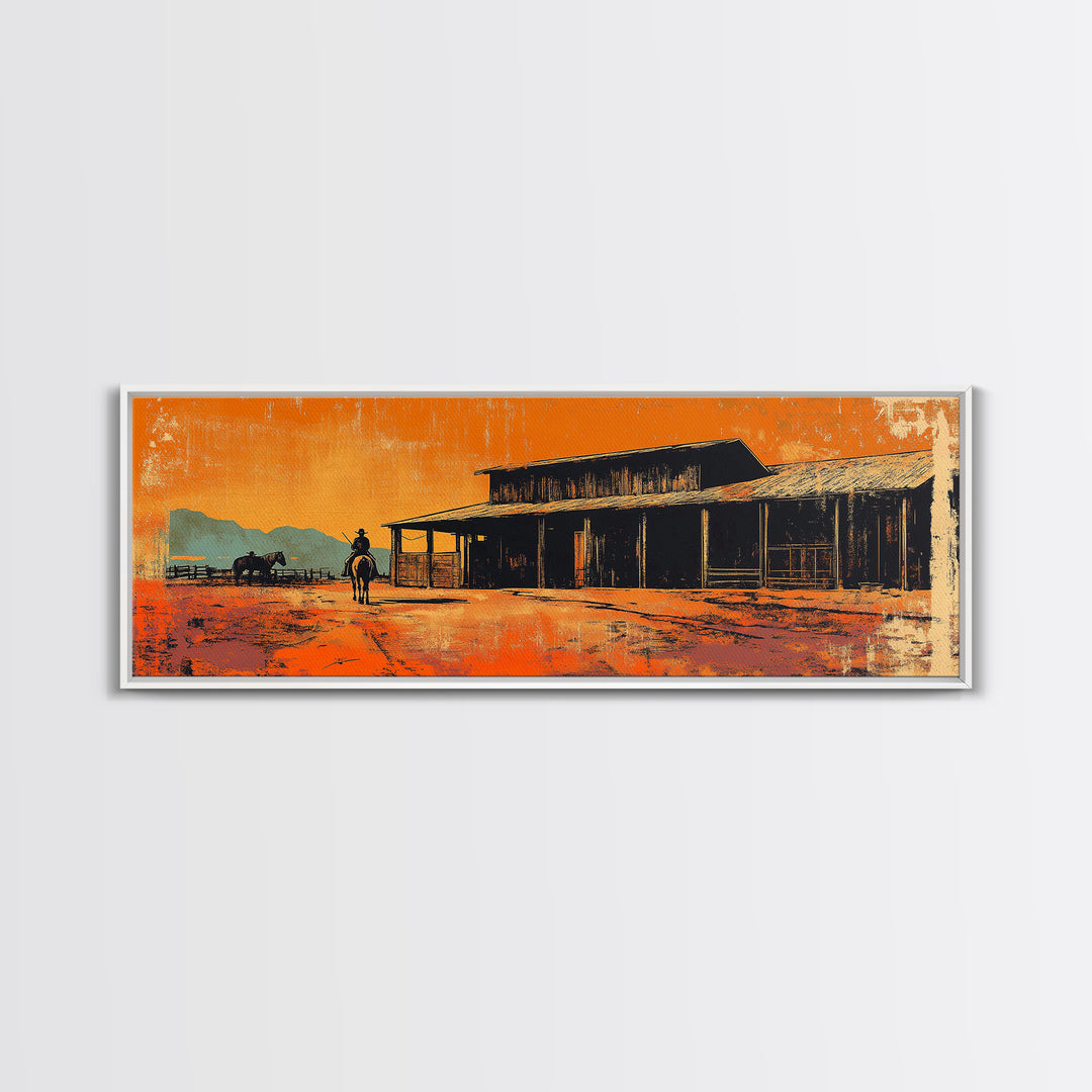 Western Cowboy Desert Saloon Wall Art, Rustic Canvas Print, Southwestern Ranch Decor, Orange Sunset Gift For Him, Man Cave Decor