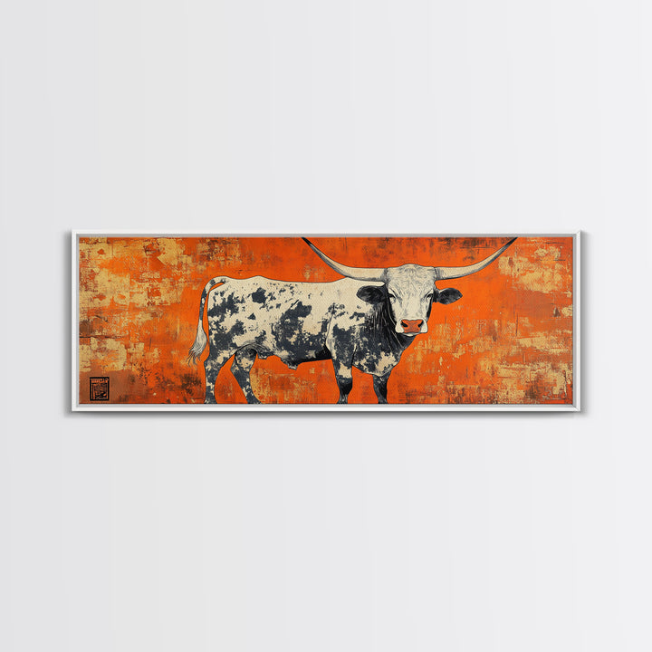 Texas Longhorn Cow On Orange Wall Art, Western Canvas Print, Rustic Ranch Decor, Southwestern Farmhouse Gift For Him, Man Cave Decor