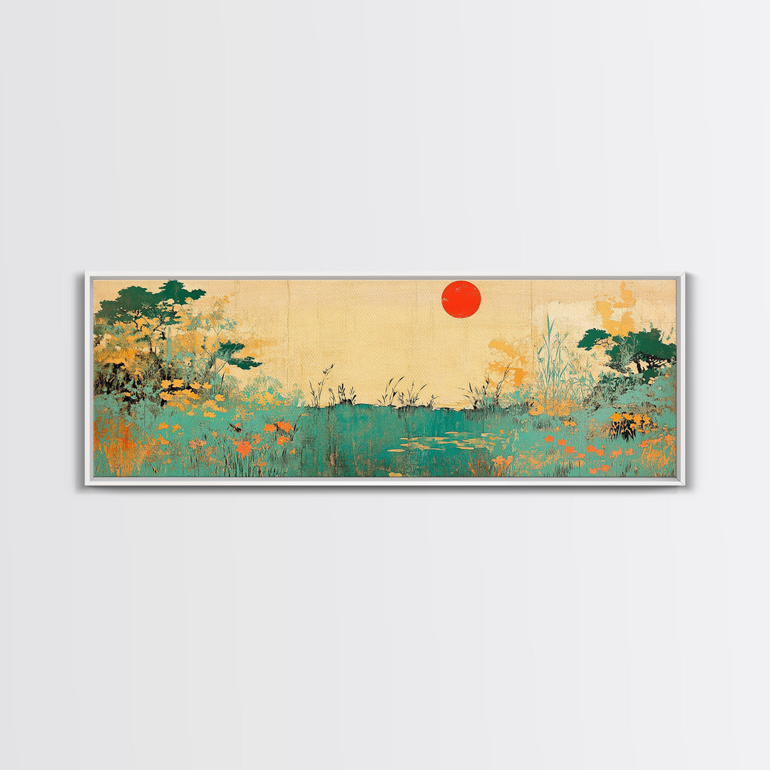 Red Sun Wildflower Marsh Landscape Wall Art, Japanese Inspired Panoramic Canvas, Nature Print, Japandi Living Room Decor