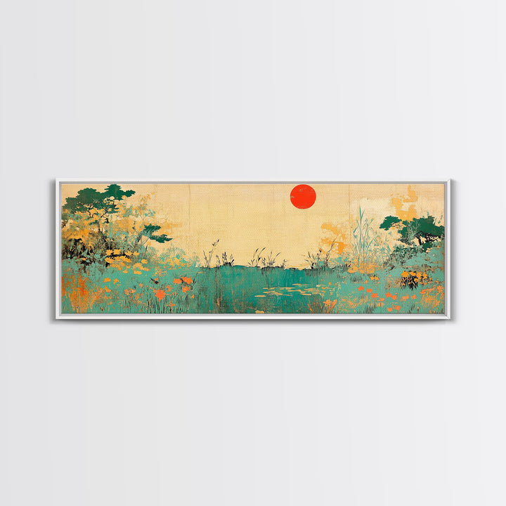Red Sun Wildflower Marsh Landscape Wall Art, Japanese Inspired Panoramic Canvas, Nature Print, Japandi Living Room Decor