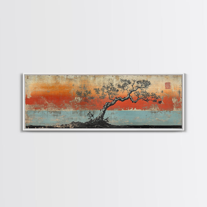 Windswept Pine Tree Sunset Canvas Print, Asian Inspired Coastal Landscape, Zen Wall Decor, Moody Living Room Art, Serene Home Decor