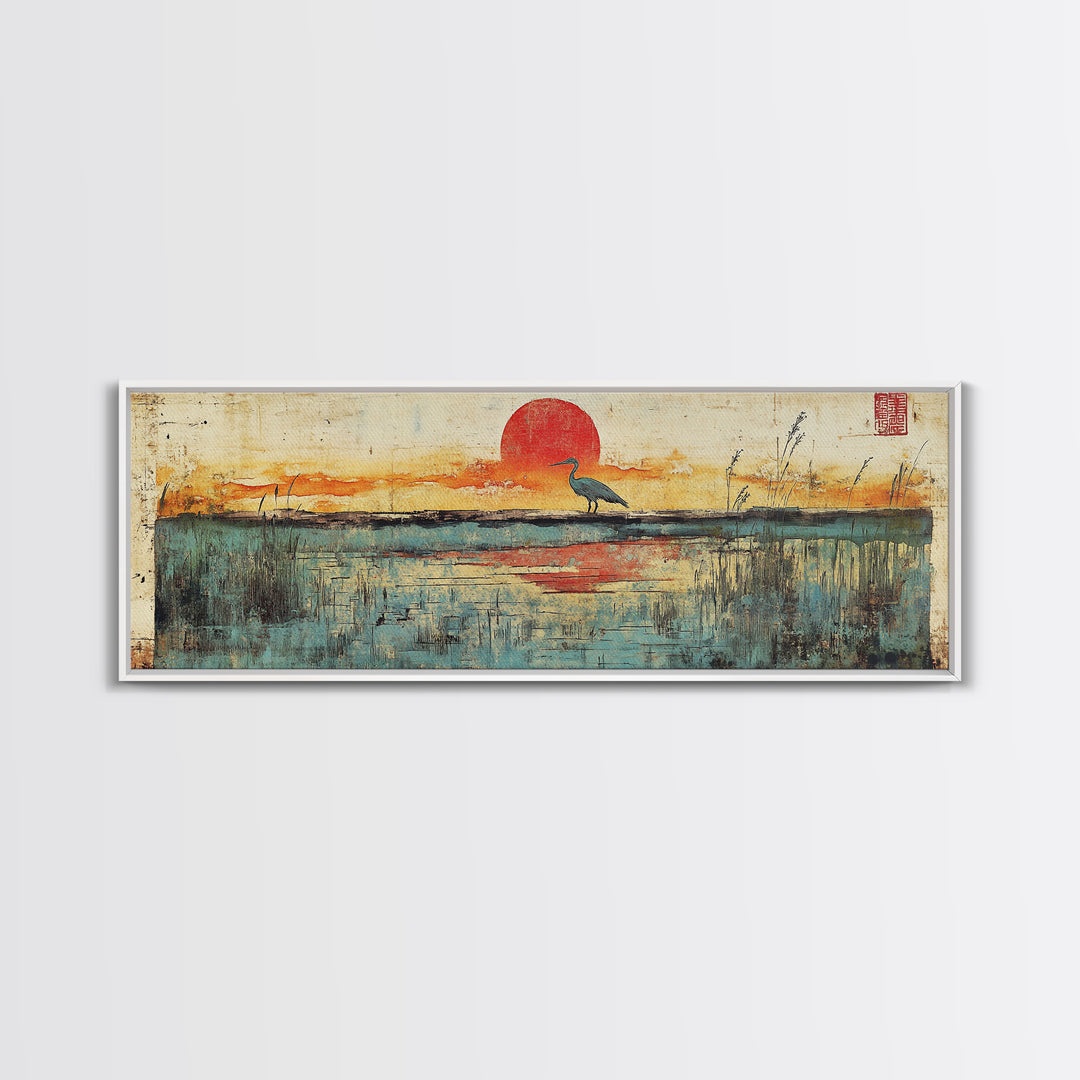Blue Marsh Heron Red Sun Wall Art, Japanese Inspired Landscape Print, Coastal Wetlands Decor, Serene Bedroom Wall Decor Print