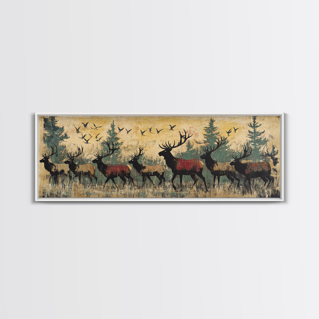 Elk Herd Forest Wildlife Wall Art, Rustic Panoramic Canvas Print, Lodge Cabin Decor, Nature Lover Gift For Him, Living Room Wall Decor