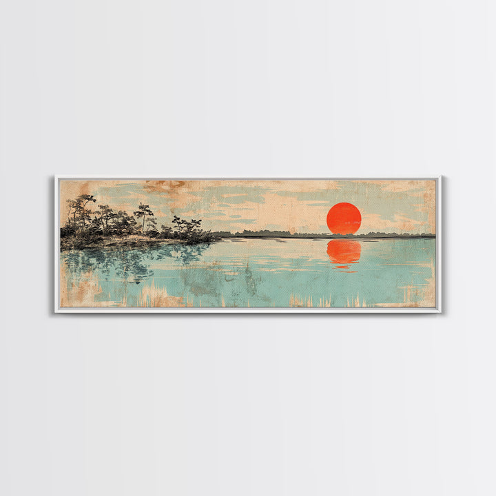 Red Sun Over Serene Teal Lake Wall Art, Japanese Landscape Print, Panoramic Canvas, Japandi Living Room Decor, Coastal Home Decor