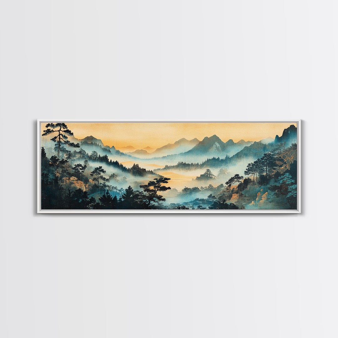 Misty Blue Mountain Valley Canvas Print, Asian Landscape Wall Art, Panoramic Nature Print, Japandi Living Room Decor, Housewarming Gift