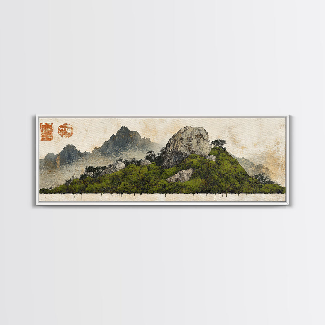 Green Moss Island With Ink Mountains Wall Art, Asian Landscape Print, Chinese Brush Style, Zen Home Decor, Office Wall Art