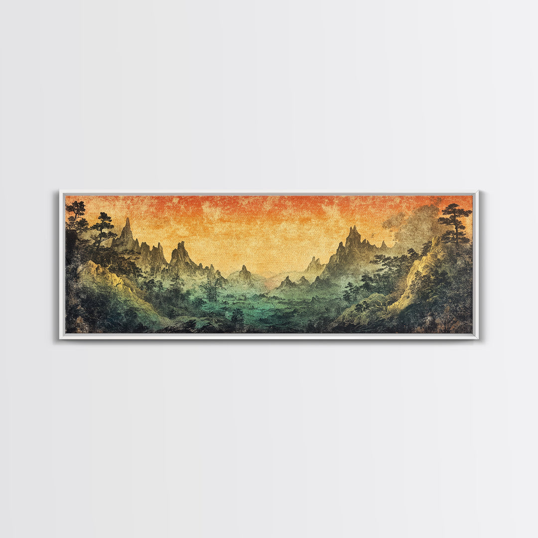 Mystical Mountain Valley At Sunset Canvas Print, Asian Landscape Wall Art, Moody Nature Decor, Panoramic Living Room Art