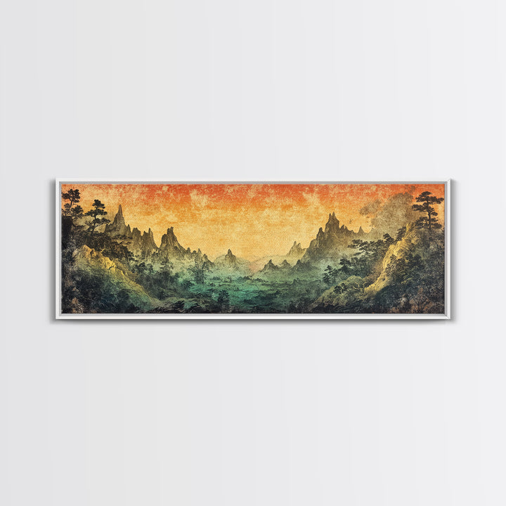 Mystical Mountain Valley At Sunset Canvas Print, Asian Landscape Wall Art, Moody Nature Decor, Panoramic Living Room Art
